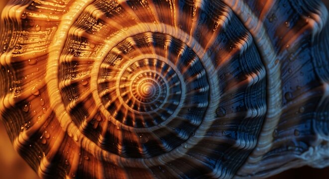 Close-up of a spiral shell showcasing intricate patterns, textures, and subtle light play