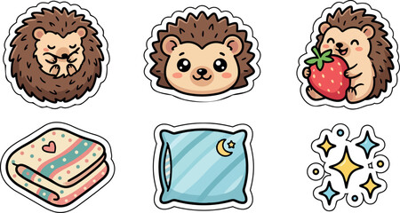 Fototapeta premium Whimsical kids doodle close up hedgehog sticker set showing sleeping curled hedgehog, smiling hedgehog holding strawberry, cozy blanket and pillow sparkles