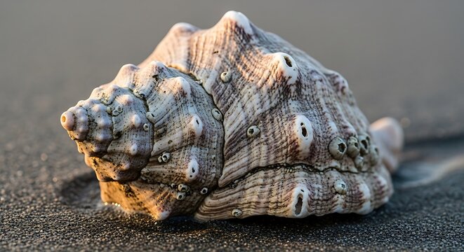 Close-up of a textured, barnacled seashell lying on wet sand, illuminated by sunlight