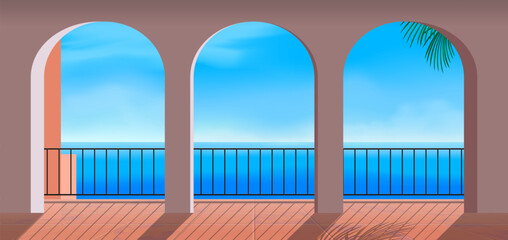 Fototapeta premium balcony arch windows tiles floor view with sky sea summer vacation vector illustration