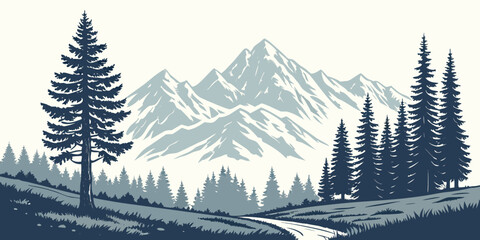 Majestic mountain range with pine trees under a clear blue sky Vector © leptop