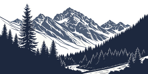 Majestic snow-capped mountains tower over a serene forest landscape. Vector © leptop