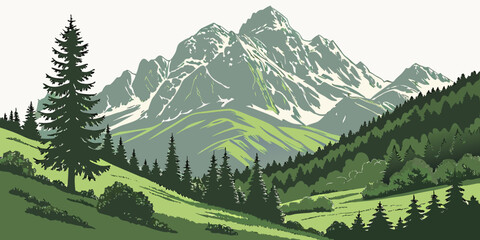 Fototapeta premium A serene mountain landscape with lush greenery and a winding path Vector