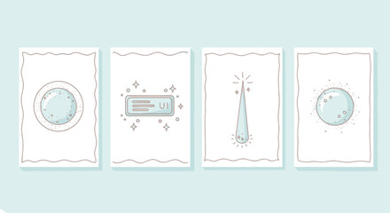 Set of 4 illustrated cards with moons, stars, and a shooting star © MHM99