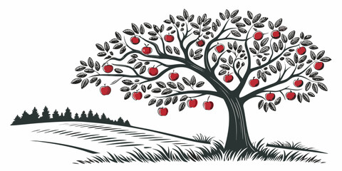 A vibrant tree with red leaves stands tall in a serene landscape Vector © leptop