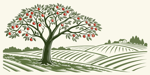 Obraz premium A serene landscape featuring a solitary tree amidst rolling green hills. Vector