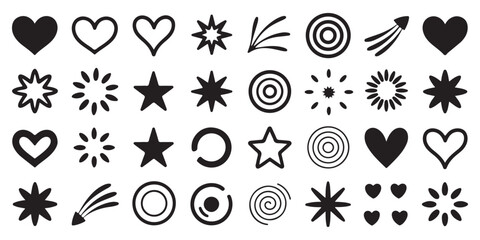 Extensive set of hand-drawn doodle hearts, stars, abstract shapes, and shooting stars. Vector elements for diverse creative and decorative applications. © MD