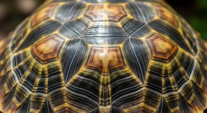 Close-up of a tortoise shell showcasing intricate, geometric patterns with rich color variation