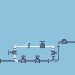 Naklejka premium Illustration of a complex industrial plumbing system with valves and pipes against a blue background.