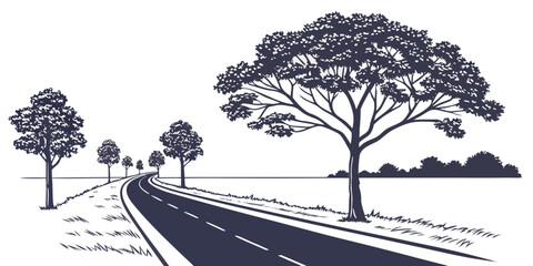 A serene road winding through a landscape with tall trees on either side. Vector © leptop