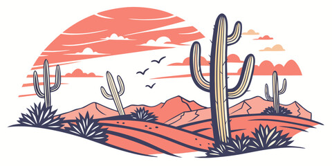 A serene desert landscape with cacti and a sunset in the background Vector © leptop