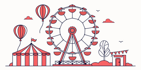 Colorful carnival scene with ferris wheel, tents, and hot air balloons Vector © leptop