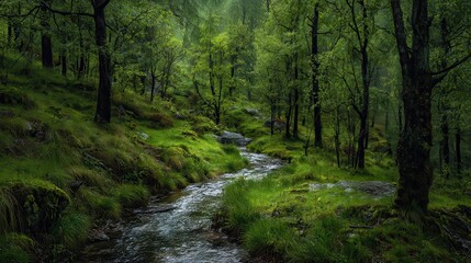 Obraz premium A serene stream flowing through a lush green temperate rainforest