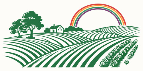 A vibrant rainbow arches over a lush, green farmland with rolling hills and a clear blue sky. Vector © leptop