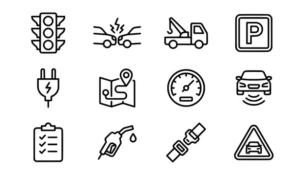 Car and driving linear icon set with traffic towing parking charging navigation editable stroke vector
