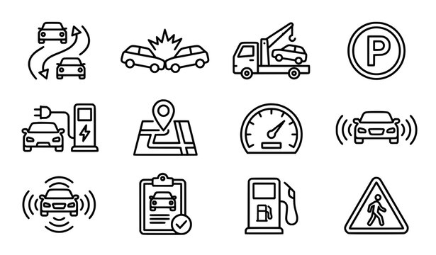 Driving and transportation line icon set with accident towing parking fuel and navigation vector