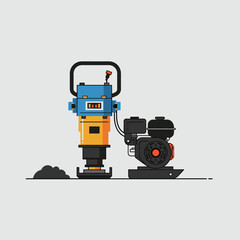 Illustration of a tamping rammer and a separate engine unit for soil compaction.
