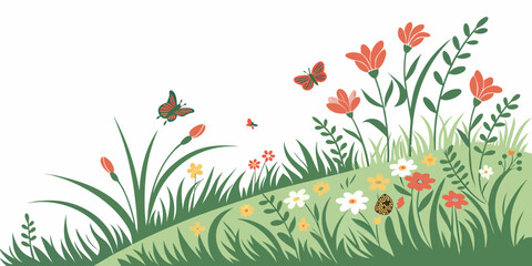 A vibrant and colorful illustration of a meadow with flowers and butterflies. Vector © leptop