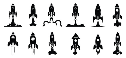 Rocket Launch Silhouette Icon Set for Space Exploration, Startup Growth, Aerospace Technology, Spaceship Liftoff, Innovation Mission, Minimal Vector Symbols © Mirza