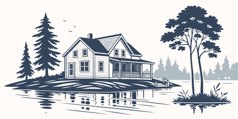 A serene countryside house with a large garden and trees in the background. Vector © leptop