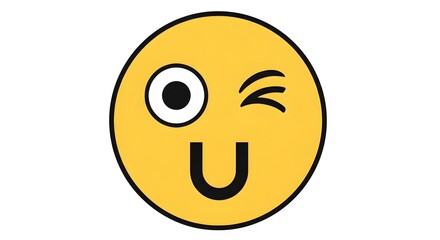 Fototapeta premium Minimal winking smiley face icon with one wide open eye and playful U‑shaped mouth on a bright yellow circle, perfect for friendly messages, humorous branding, chat stickers and modern social media re
