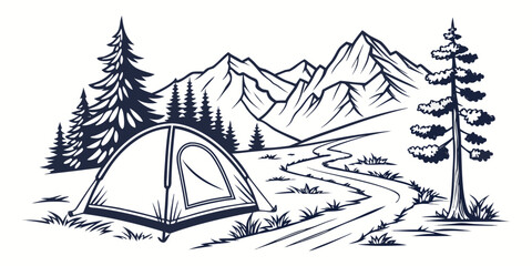 A serene campsite nestled in the heart of a majestic mountain range with a tent and campfire Vector © leptop