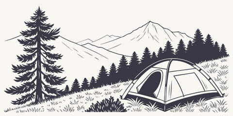A serene campsite nestled in the mountains with a tent and trees Vector © leptop