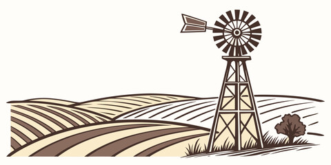 A vintage windmill stands tall in a field of golden wheat under a clear blue sky Vector © leptop