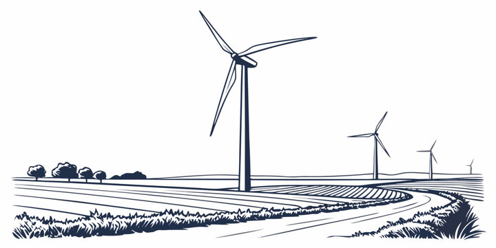 Wind turbines generating clean energy on a hillside landscape with a village in the background. Vector