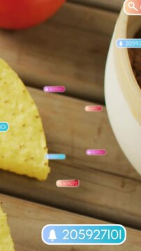 Vertical video: Cam panning right cheese moving chip entering tomato growing badges highlighting UI