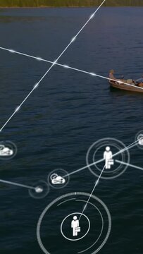 Vertical video: HUD node appearing, tech overlay growing across lake, mapping users as men watching
