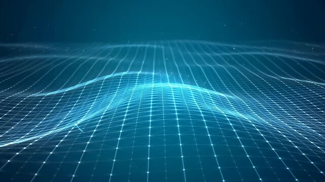 Futuristic grid pattern with glowing blue lines and dots.