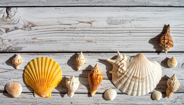 Assortment of various seashells and conch shells scattered on a light-colored weathered wooden surface with distinct