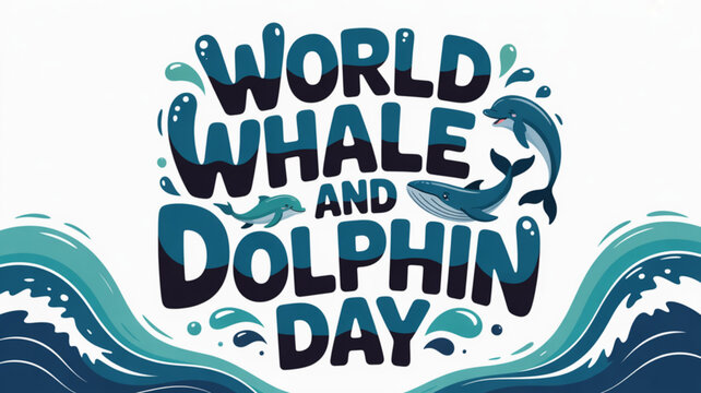 World whale and dolphin day awareness graphic with ocean waves and marine life