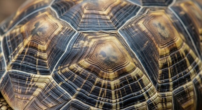 Close-up of a turtle's shell, showing detailed patterns and textures of brown and tan