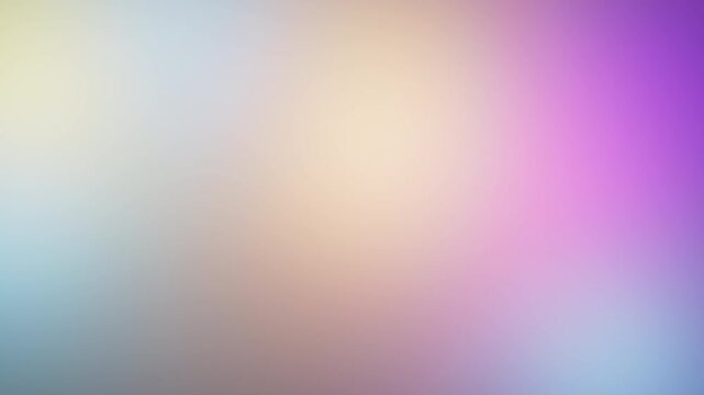 Seamless loop of 3D abstract animation featuring blurred gradient light spots. Soft yellow, pink, blue and purple colors flowing slowly across the screen. Modern ethereal bokeh background motion.