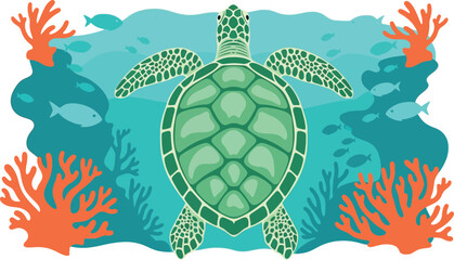 Green sea turtle swimming over coral reef in turquoise ocean water © Gimhana