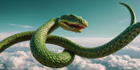 Obraz premium A large green sculptural model of a snake head with an open mouth and sharp teeth against a cloudy blue sky