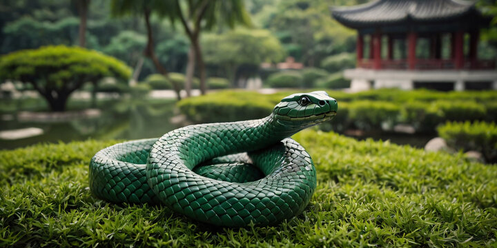 A large green snake coiled on lush grass in a traditional Japanese garden featuring a pagoda, a pond, and manicured trees in the background