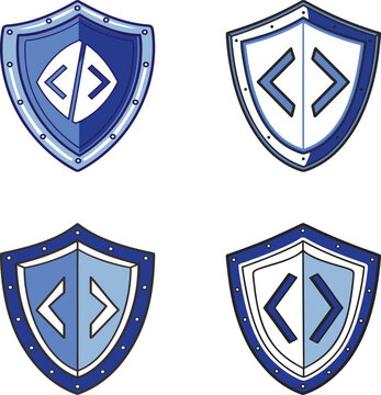 Secure Coding Shield Vector Icon Set with Programming Brackets and Cyber Protection Symbols