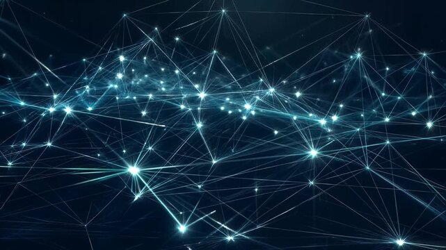 Complex network of interconnected nodes and lines on dark blue background.