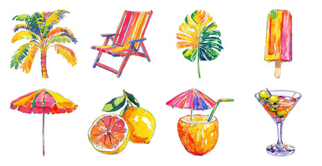 Fototapeta premium PNG Vibrant summer watercolor illustrations on transparent background