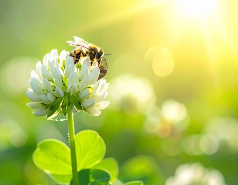 white clover flower with a honeybee pollinating,_fresh green meadow background,