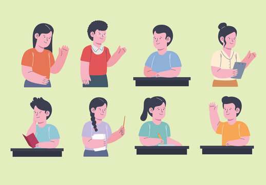 Cute School Students Illustration Set