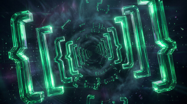 An abstract 3D render of "Recursive Code" showing a series of glowing glass brackets nesting infinitely into a dark, foggy digital distance.