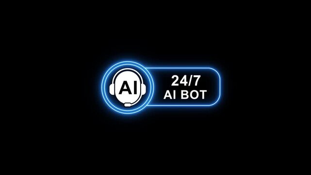 A i bot 24/7 neon glowing chatbot interface with headset and artificial intelligence symbol on black background