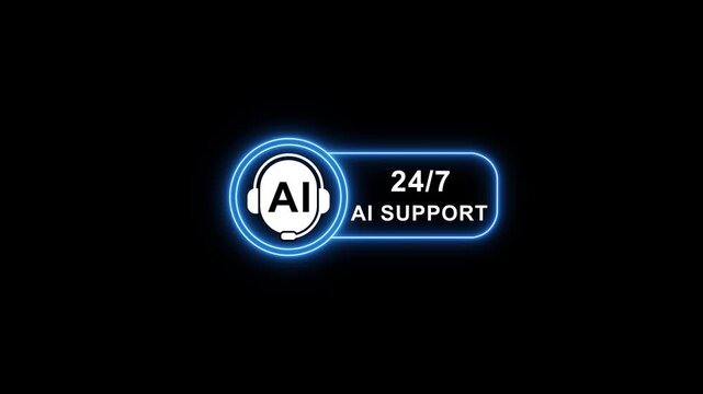 A i support chatbot interface with 24/7 availability glowing neon blue on black background ai support