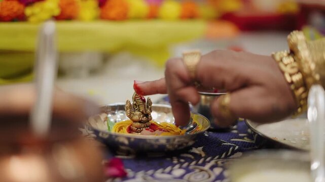 Traditional Indian Ghar Vastu Ritual with Kalash, Coconut and Sacred Puja Setup