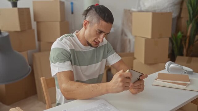 Man holding smartphone, tapping screen and clenching fist amid packed moving boxes in a building; moving frustration.