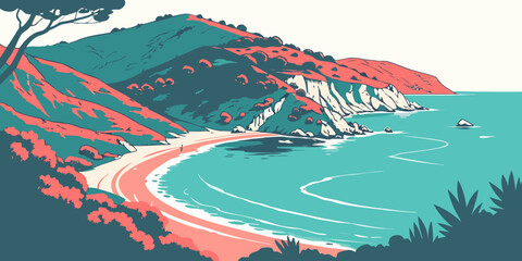 A scenic coastal road with a tree on a hill Vector © nalu